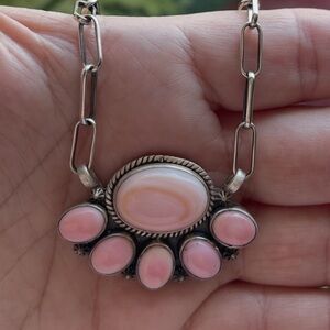 Native American Pink Conch Cluster Sterling silver paperclip chain Shepherd hook